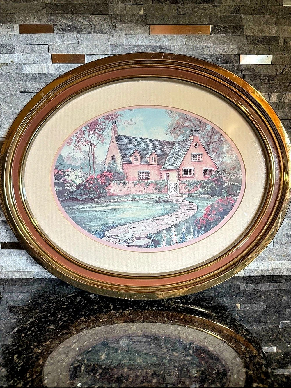 Vintage Cottage Core Duck in front of Cottage Oval Frame Print